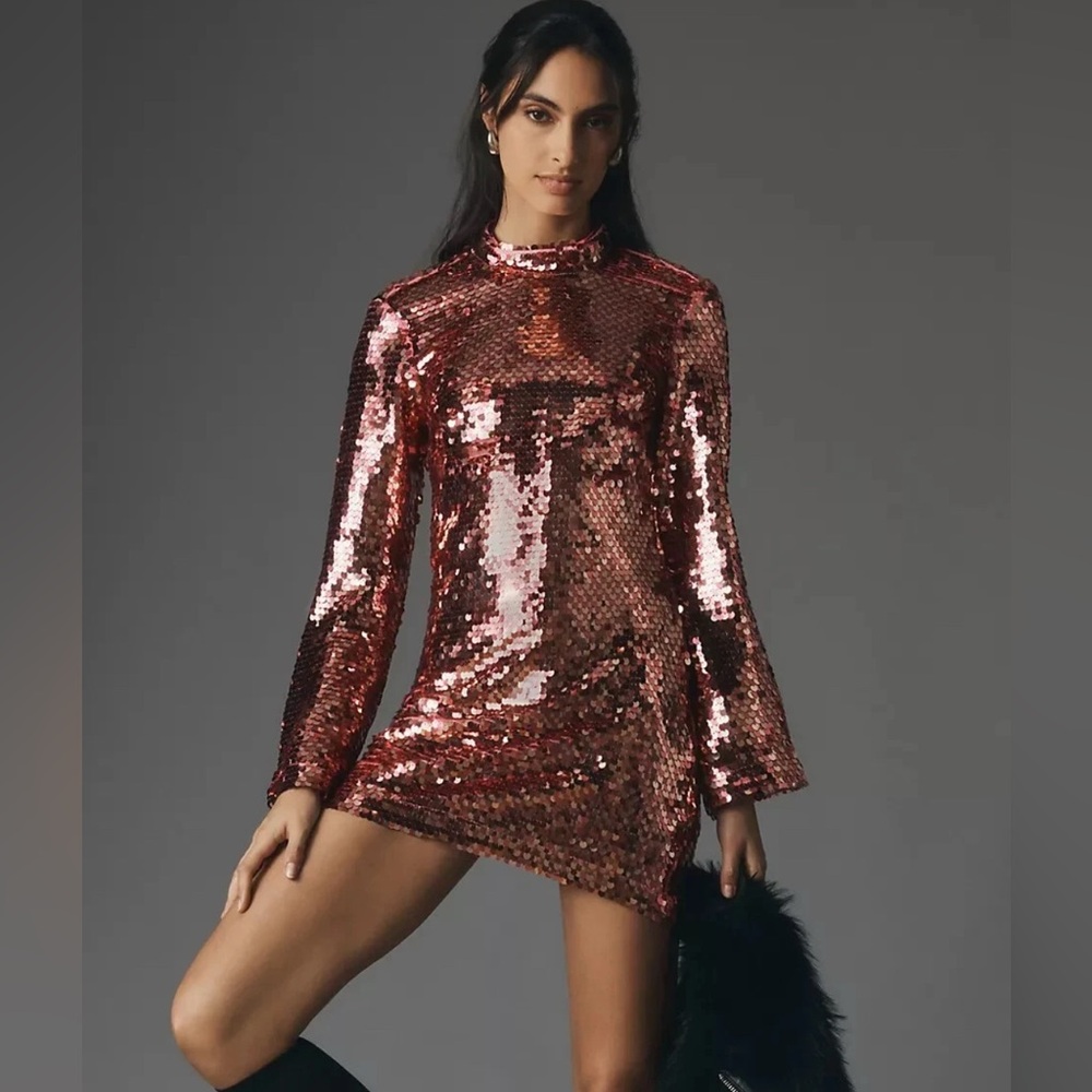 Anthropologie Maeve Mock-Neck Pink Sequin Mini Dress Women's Size Large